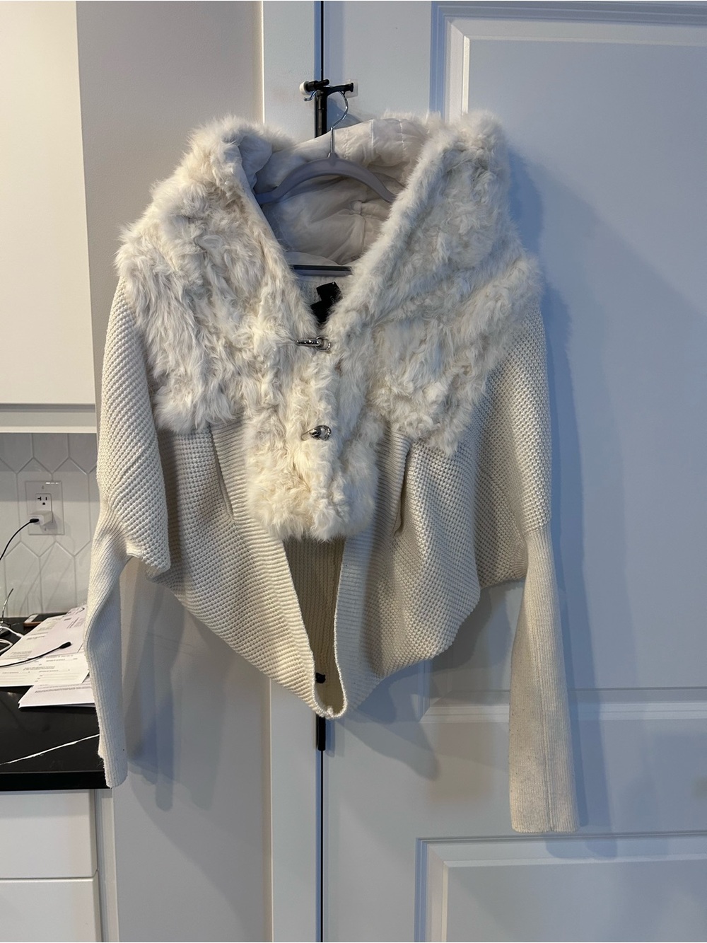 Loafavarra Cream Faux Fur Trim Knit Cape Jacket Y2K Boho Cozy Statement Sweater